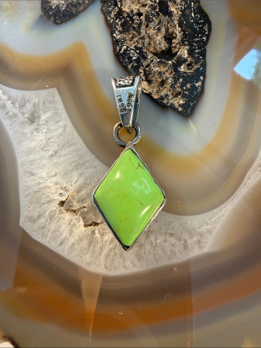 Vintage 925 Green turquoise & Charoite Diamond-Shaped Stone reversible Pendant
